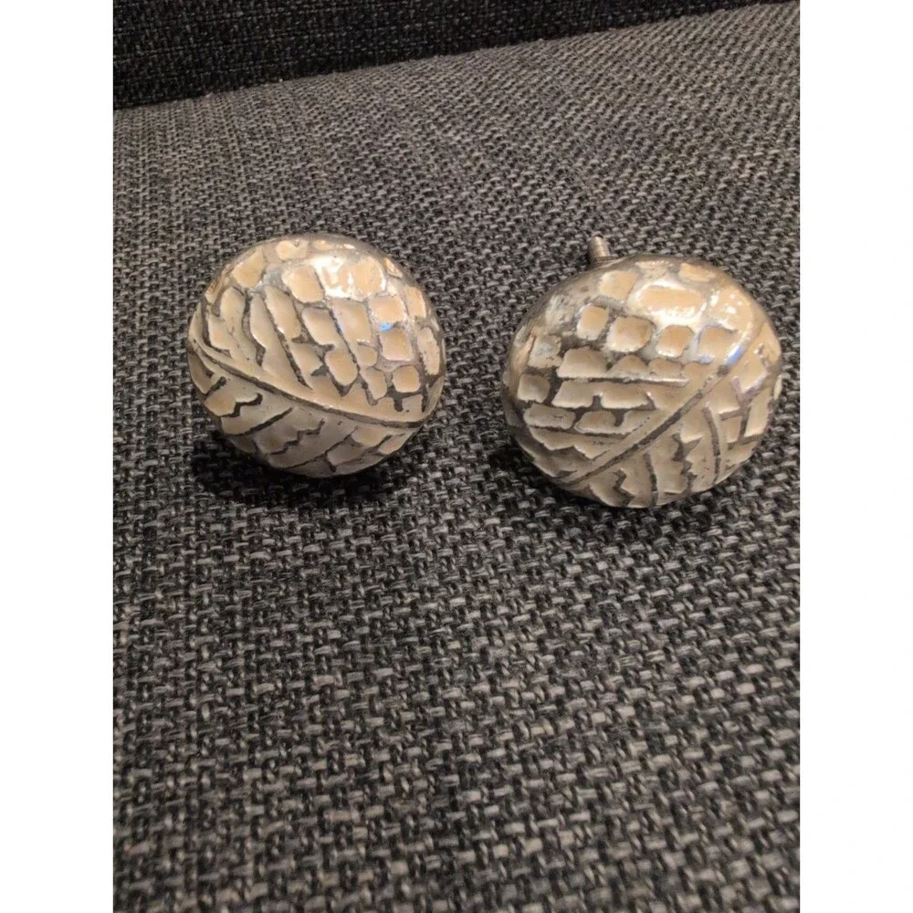 Vintage Crackle Finish Drawer Knobs x2 Cream Ivory Silver Metal Tone Round